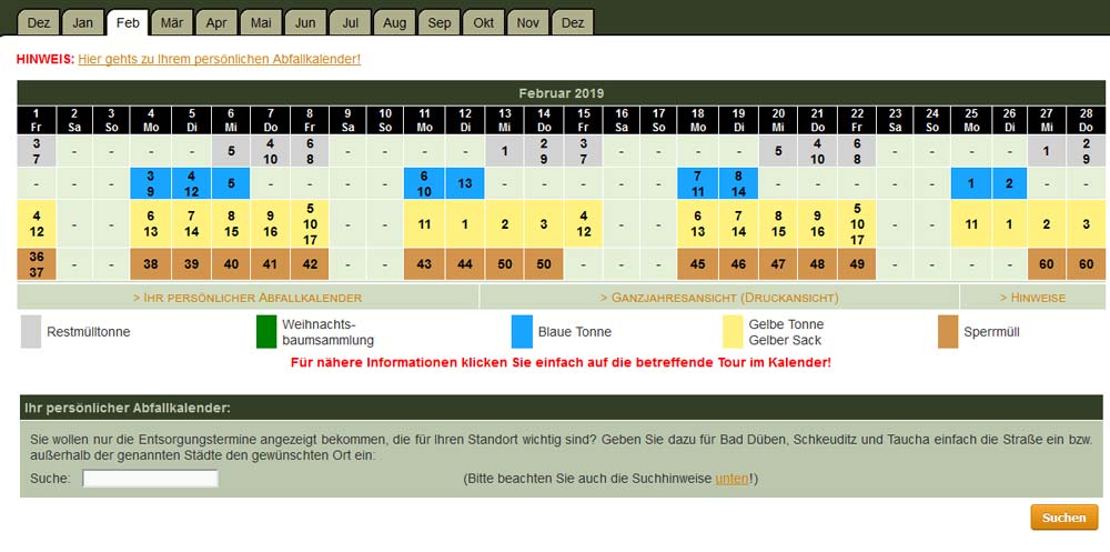 Abfallkalender, Ansicht Homepage